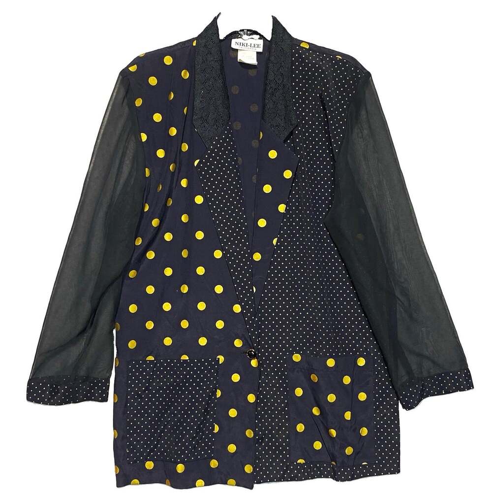Vintage 80s 90s Black Gold Polka Dot Blazer Maximalist Statement Sheer Lace USA